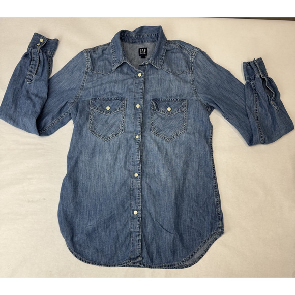 Gap Pearl Snap Denim Chambray Blue Shirt Western Boho Casual Grunge Women's XS - Picture 1 of 8